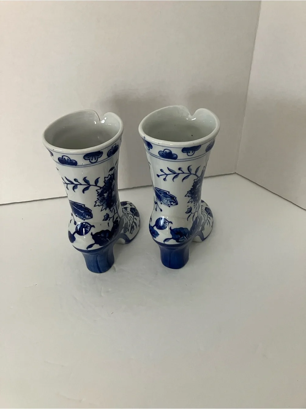 Vintage Blue and White Floral Boot Vases